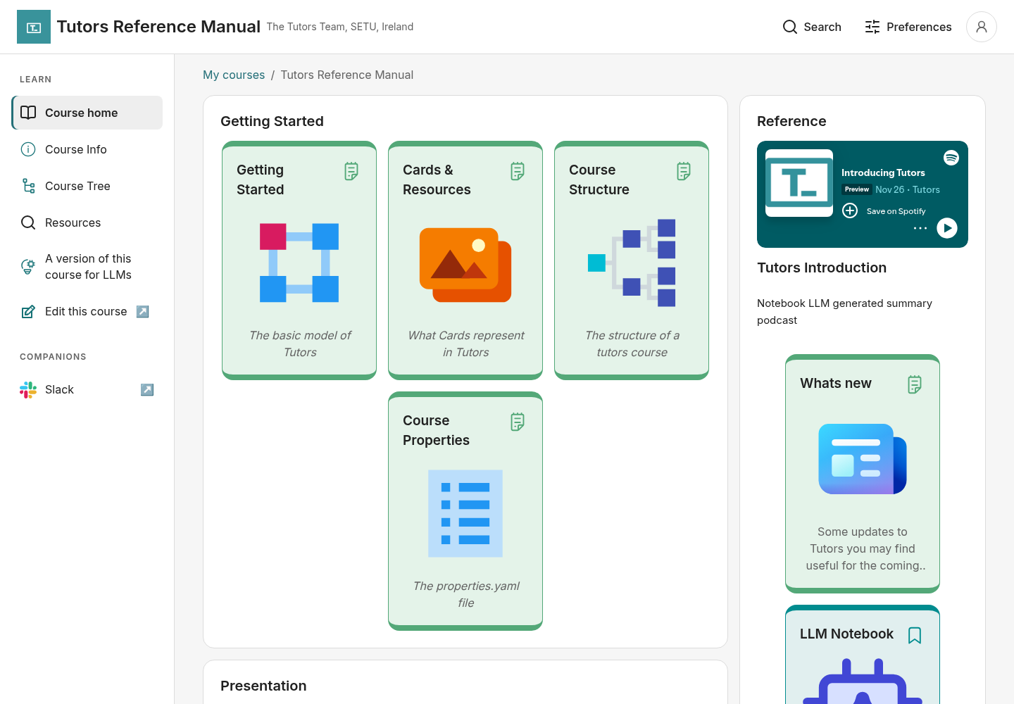 The redesigned Tutors Reference Manual dashboard with persistent sidebar navigation, learning resource cards, and a reference panel